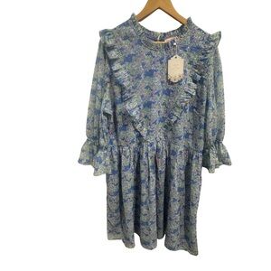 NWT Ivy City Co Monet Dress Blue Green Floral Ruffle Midi Prairie Cottagecore